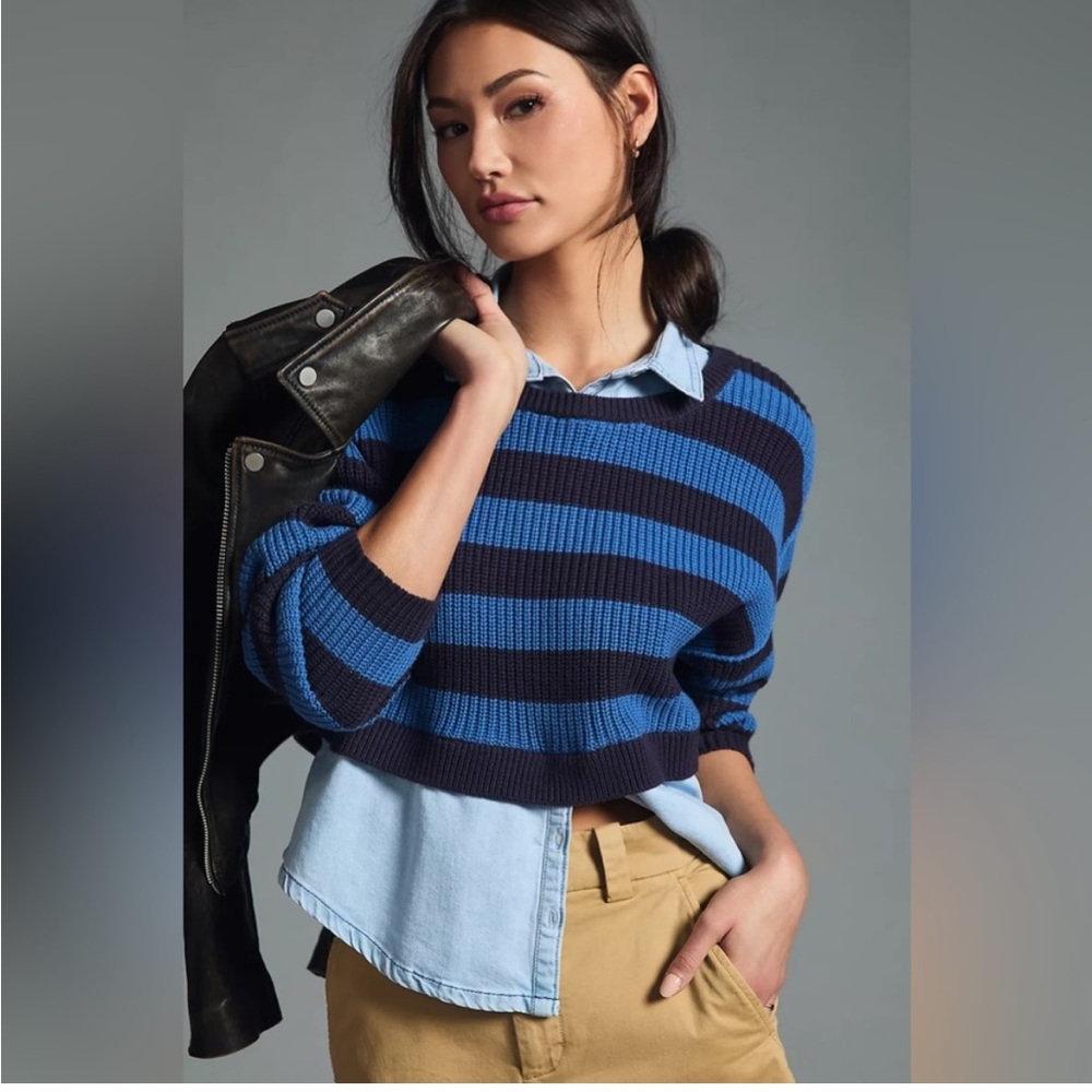 Pilcro Layered Sweater Blue stripe chambray denim shirt